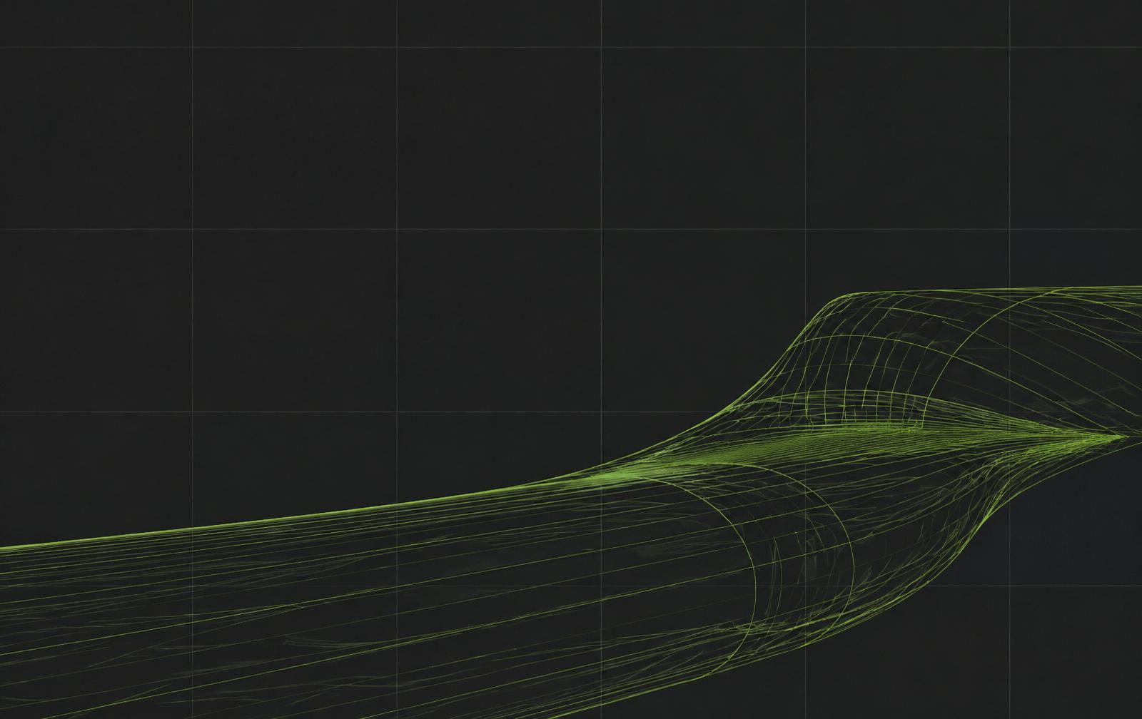 Abstract lime wireframe surface flowing across a dark graphite grid
