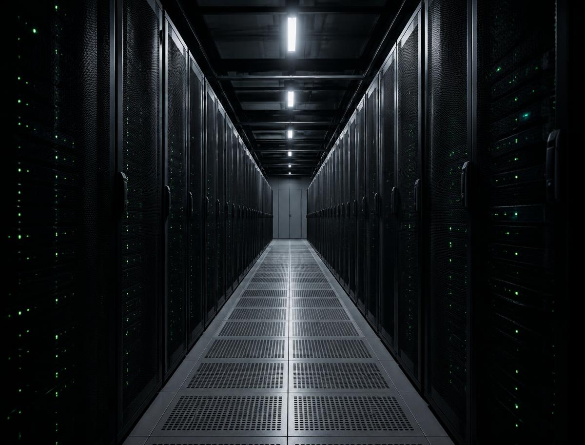 Long aisle of server racks with small green status lights (stock photo)